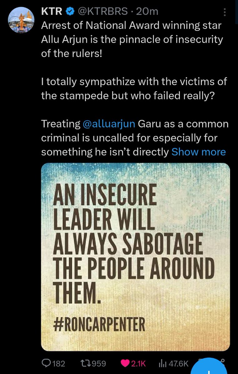 mAAruthi93's tweet photo. Pushpa gadi rule
@alluarjun
#Pushpa2TheRule
#AlluArjunArrest
We stand with #alluarjun .
#standwithAA https://t.co/Gc5lHlD8g8