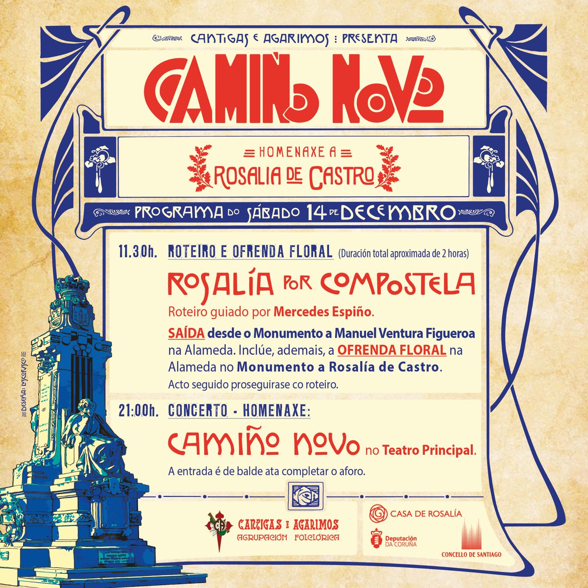 Mañá sábado o grupo folclórico compostelán <a href="/CantigaseAgarim/">Cantigas e Agarimos</a> organiza "Camiño novo", unha homenaxe a Rosalía á que non faltaremos 😊
Se queredes unirvos, velaquí o programa...