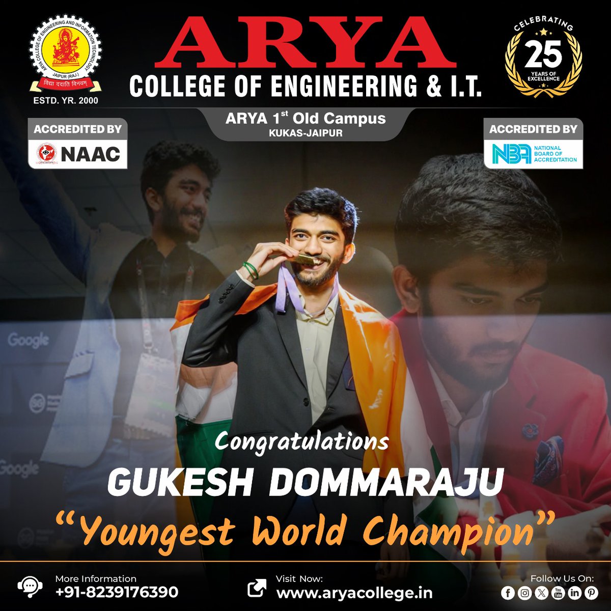 aryacolleges's tweet image. 𝐘𝐨𝐮𝐧𝐠𝐞𝐬𝐭 𝐖𝐨𝐫𝐥𝐝 𝐂𝐡𝐞𝐬𝐬 𝐂𝐡𝐚𝐦𝐩𝐢𝐨𝐧 🏆

Congratulations to @DGukesh on becoming the youngest-ever #WorldChessChampion at just 18! Your brilliance, grit, and passion have inspired millions. A proud moment for India and the global chess community!

#ChessLegend