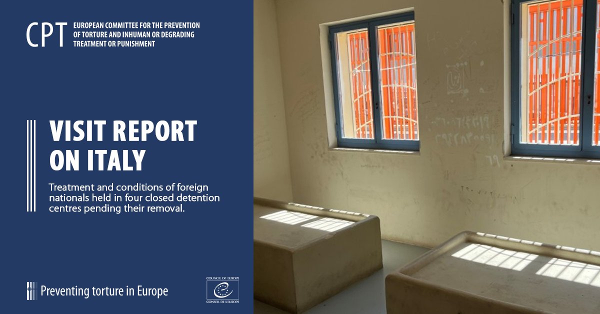 The #CoE #antitorture Committee (#CPT) publishes the report on its 2024 visit to #Italy 🇮🇹
Focus: Treatment and conditions of detention of foreign nationals held in four closed pre-removal centres. bit.ly/3VBCSL3 
#Immigrationdetention #Pushbacks
<a href="/ItalyatCoE/">Italia al CdE</a>