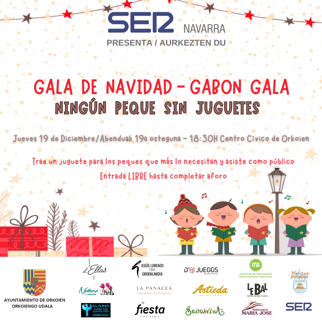 📣🎄Gala de Navidad 'Ningún peque sin juguete'

🗓️Jueves 19 de diciembre, a las 18:30 horas en el Centro Cívico de Orkoien

🎁Colabora con la campaña llevando un juguete y asiste como público al concurso de villancicos

Entrada libre hasta completar aforo