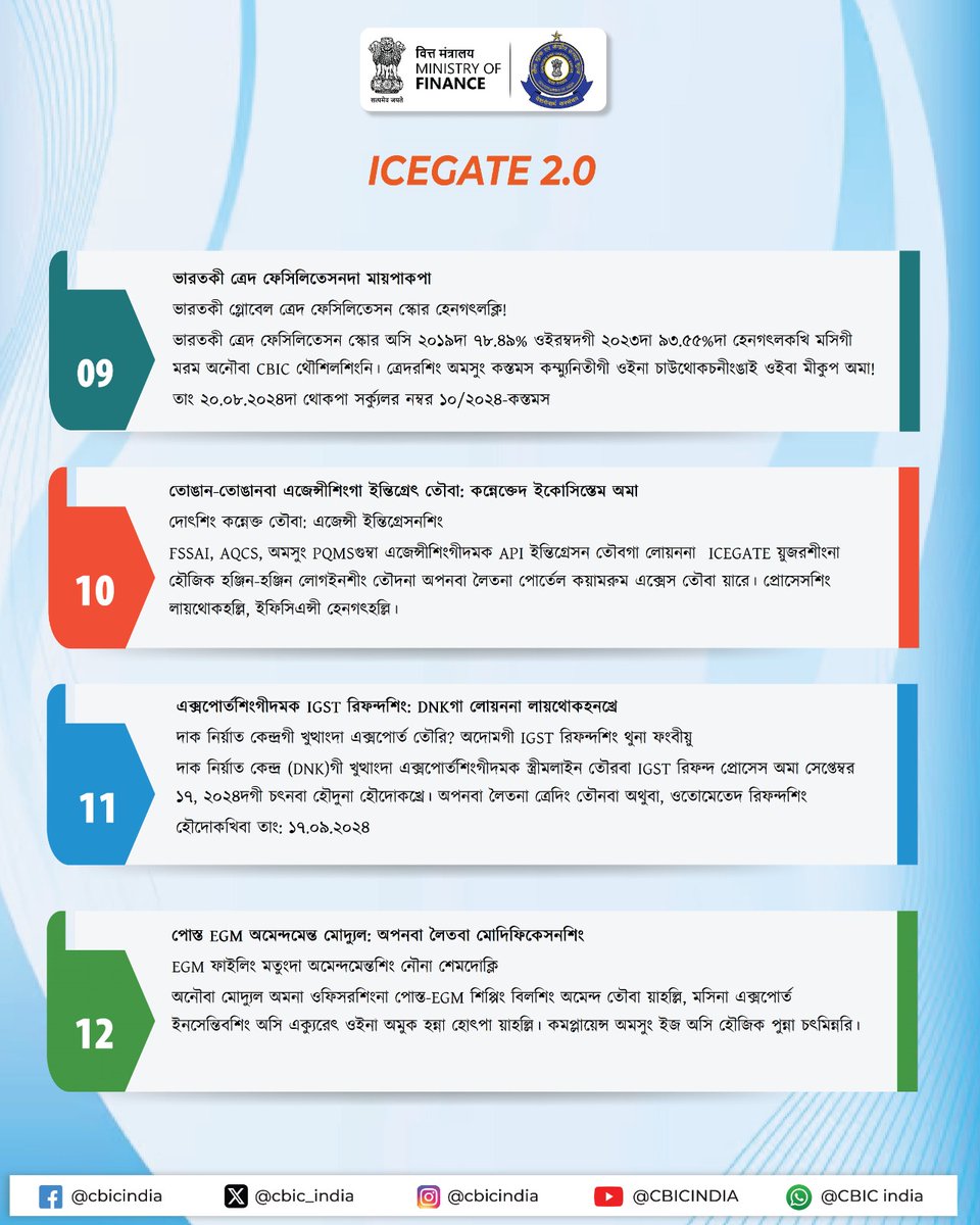 PIBImphal's tweet image. EDI গেৎৱে #ICEGATE না পীরিবশিং অসিদা মখা তানা মখাদা পীরিবা অসিদা ললোন-ইতিক নীংথিনা তৌহল্লি অমসুং মপুং ওইনা মতেং পাংলি 👇 

👉ই-ফাইলিং
👉ইনলাইন অমেন্দমেন্ত সবমিসন
👉ওনলাইন দ্যুতী পেমেন্ত
👉ক্বেরী রিজোল্যুসন
👉ত্রেদরশিংগীদমক IGST রিফন্দ প্রোসেস তৌবা

#FinMinYearReview2024