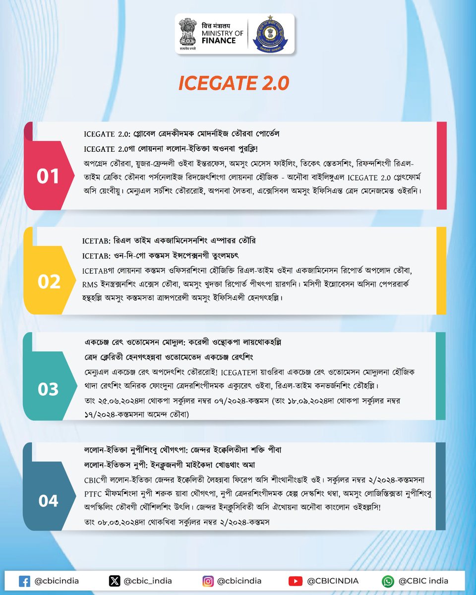 PIBImphal's tweet image. EDI গেৎৱে #ICEGATE না পীরিবশিং অসিদা মখা তানা মখাদা পীরিবা অসিদা ললোন-ইতিক নীংথিনা তৌহল্লি অমসুং মপুং ওইনা মতেং পাংলি 👇 

👉ই-ফাইলিং
👉ইনলাইন অমেন্দমেন্ত সবমিসন
👉ওনলাইন দ্যুতী পেমেন্ত
👉ক্বেরী রিজোল্যুসন
👉ত্রেদরশিংগীদমক IGST রিফন্দ প্রোসেস তৌবা

#FinMinYearReview2024