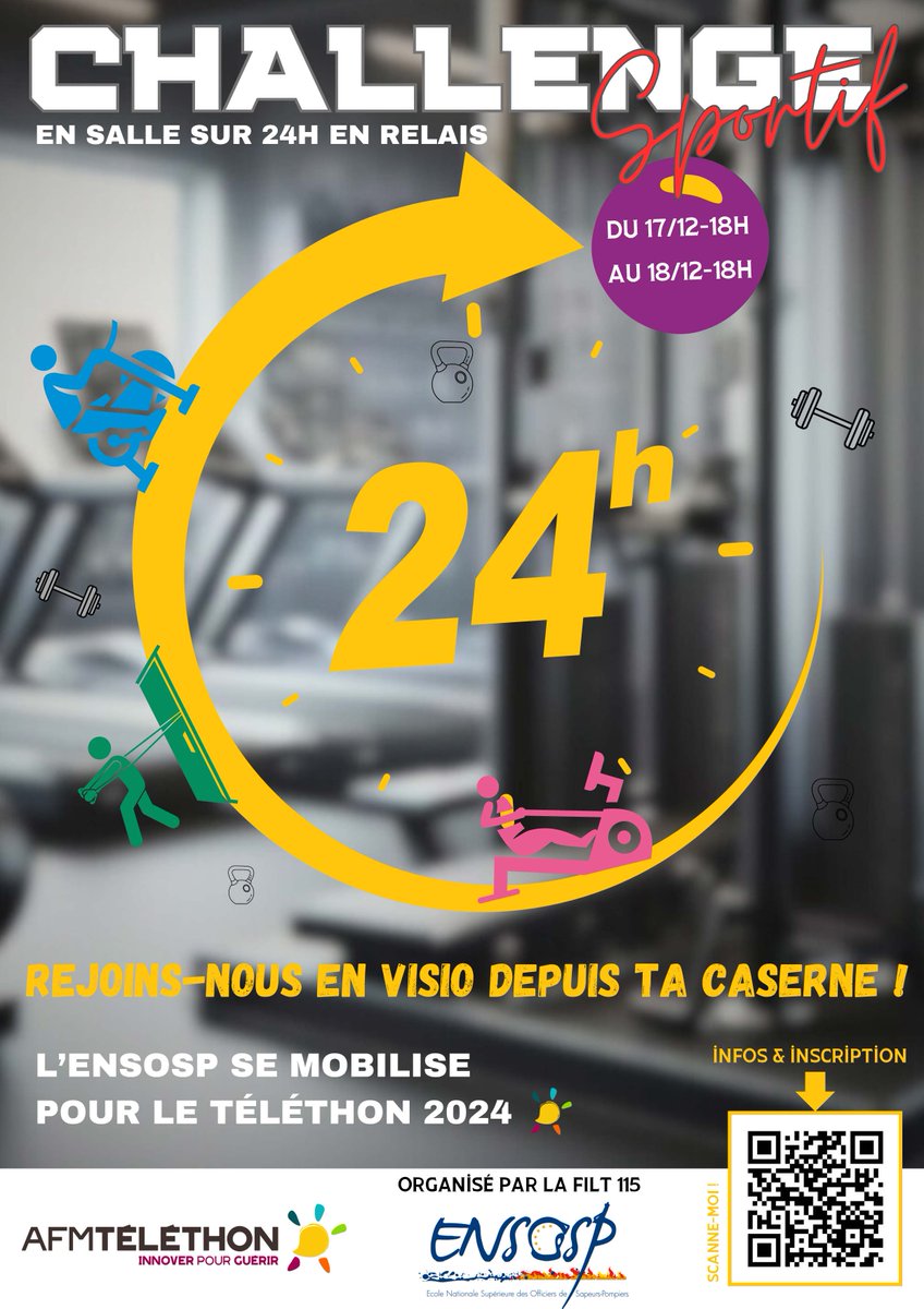ENSOSP's tweet photo. L'#Ensosp se mobilise pour le #Téléthon ! 💪 
 
Du 17 au 18 décembre, la #Filt115 organise un challenge sportif de 24h en relais pour soutenir cette cause. 
 
Rameur, vélo ou skierg ? parcourez la distance de votre choix. 🏃‍♀️🚴‍♂️ 
 
Comment participer ? ⬇️⬇️ https://t.co/3m7HUZ8CWR