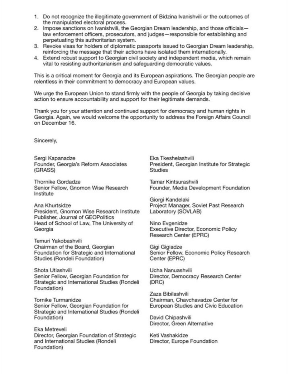 letter from 🇬🇪 civil society reps to 🇪🇺 foreign policy chief Kallas asking her to allow them to address the EU foreign affairs council in Brussels on 16 Dec + impose sanctions, suspend visa lib for diplomatic passport &amp; ask to re-run the Oct elections