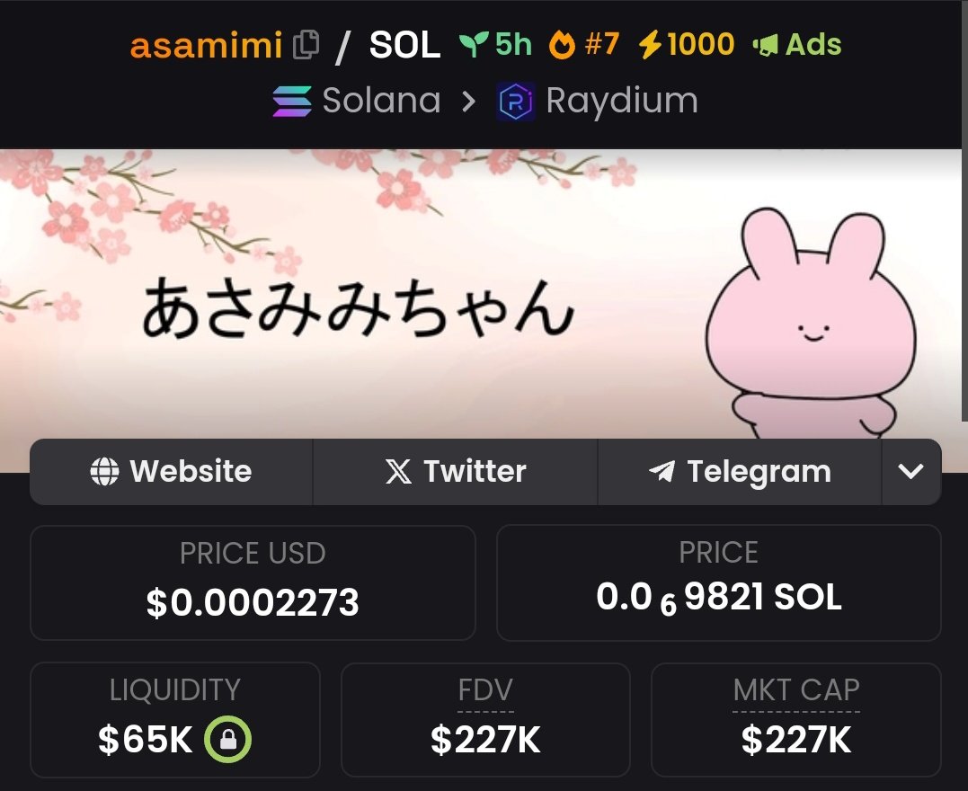 bitgu_ru's tweet photo. $ASAMIMI making waves at a $227K market cap – 15,164 transactions with 8,058 buys so far. Volume reaching $2.4M, supported by $65K liquidity.
Don’t let this one slide, it’s BAG SEASON!
BpDv5jyvu5F77i4uRRgJbg1i6K4wopcsr5kB9kQ2pump
#ASAMIMI #Solana https://t.co/T53AMbUZq7