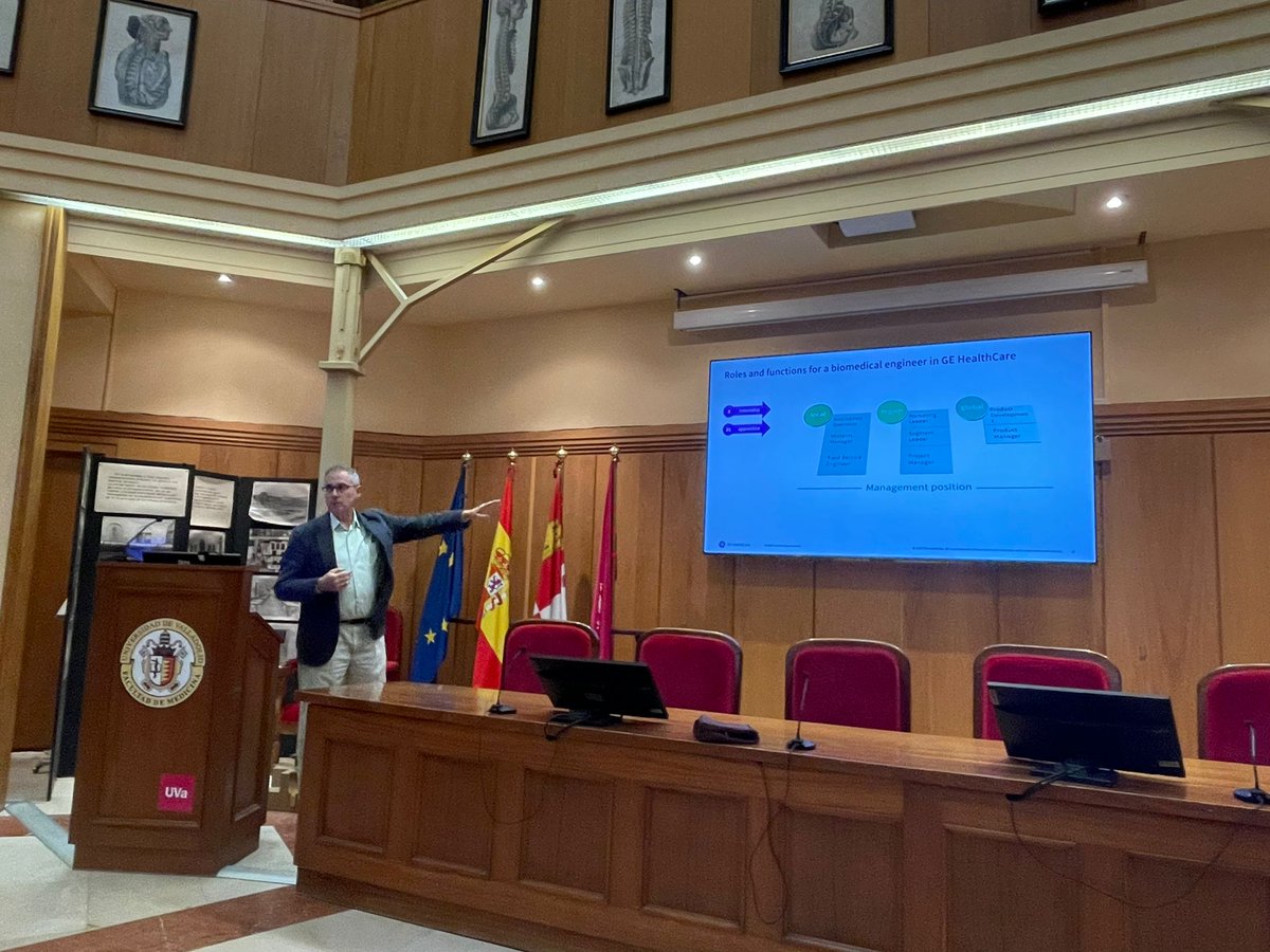 GradoIB_UVa's tweet photo. Ayer, en la asignatura de IIB del grado en #IngenieríaBiomédica, vinieron Juan Carlos Antony y  Ruth Zamora (egresada nuestra), de GE Healthcare, a presentar a los estudiantes las posibilidades de los ingenieros biomédicos en la empresa. https://t.co/9zg9ZBp13b