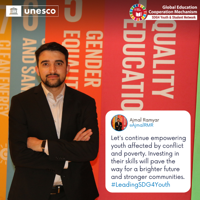 Education2030UN's tweet photo. Conflicts lead to a cycle of violence and instability, impacting young people’s ability to contribute positively to their communities.

#LeadingSDG4Youth @AjmalRMR from Canada 🇨🇦 upholds the importance of equipping youth with skills to reduce poverty &amp; build peaceful societies. https://t.co/NORlFQOtqd
