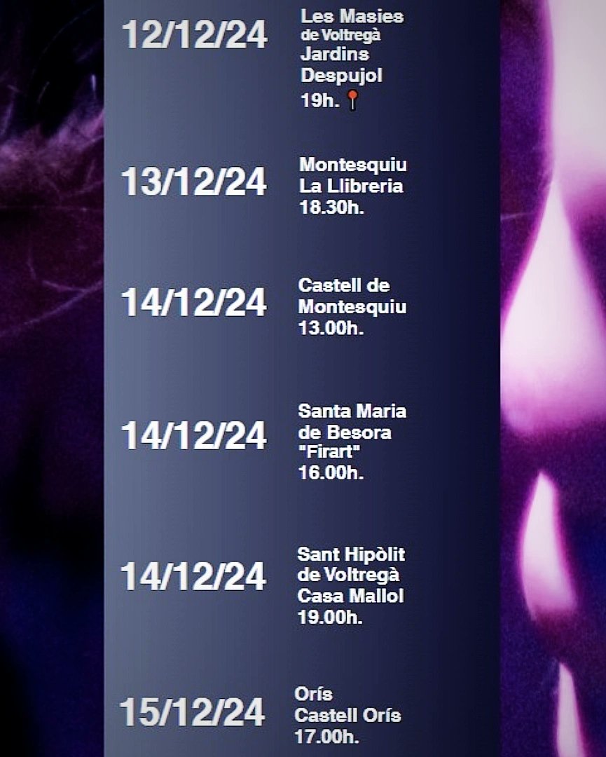 🤗❄️🥁💜🎸✨️🔥👏🤩

CONCERTS DE LA SETMANA 

🔹️ 12/12 Masies Voltregà 19h. 
🔹️ 13/12 Montesquiu 18.30h.
🔹️ 14/12 Castell de Montesquiu 13h.
🔹️ 14/12 Santa Maria Besora "Firart" 16h.
🔹️ 14/12 Sant Hipòlit Voltregà 19h. 
🔹️ 15/12 Castell Orís 17h.

VENIU 🤗