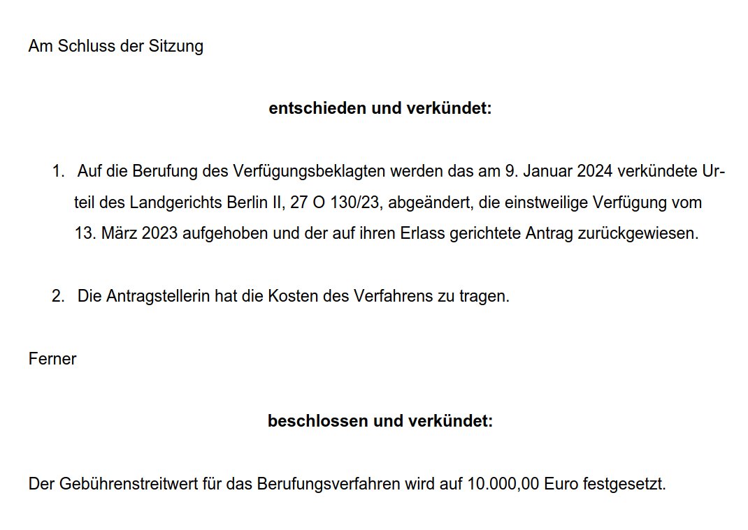 Das Protokoll der Sitzung des Kammergerichts Berlin am 12.12.2024 liegt jetzt vor. Damit hat Frau Anetta #Kahane ihren gegen mich im März 2023 angestrengten Zivilprozess, meine Meinungsfreiheit einzuschränken, mit Pauken und Trompeten verloren und bleibt auf allen Kosten sitzen.