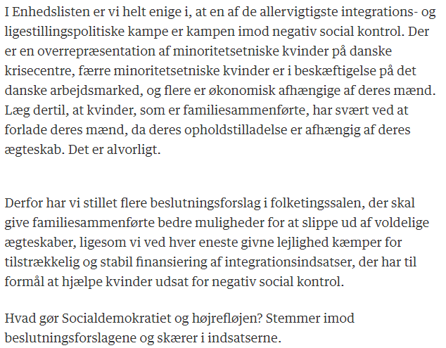 Regeringen og højrefløjen hævder at ville bekæmpe negativ social kontrol, men skærer i integrationsindsatser på stribe og stemmer imod forslag, der har til formål at frigøre særligt minoritetsetniske kvinder.

Indlæg af <a href="/RosaLundEl/">Rosa Lund</a> og <a href="/VictoriaV_EL/">Victoria Velásquez</a>: jyllands-posten.dk/debat/breve/EC…