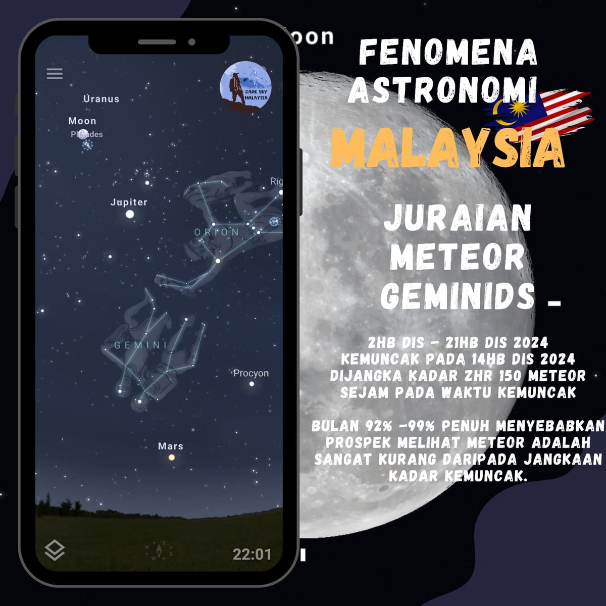 dark_malaysia's tweet photo. 🌠 Geminid Meteor Shower 2024 🌠

Peak on December 14th! 🌌 The near-full moon may make it harder to spot meteors 🌕💫. Streaks have been seen in Papar, Malaysia 🌠
Stay tuned for another celestial event on Dec 14! 🌙

#Geminids2024 #DarkSkyMalaysia https://t.co/cr5mAfGQOm