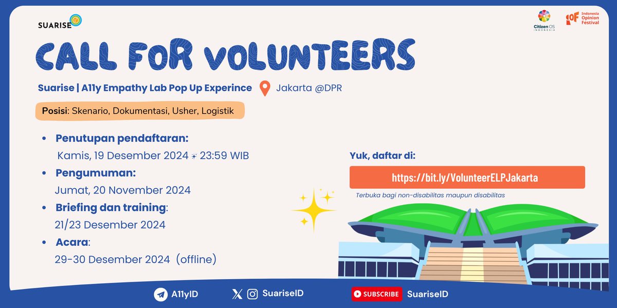 SuariseID's tweet photo. Hi Allies! Akhir tahun sudah ada agenda?
Calling for #Volunteer untuk #A11y Empathy Lab Pop Up (#ELP) di Jakarta.
Kali ini kami membuka booth ELP di Indonesia Opinion Festival (#IOF2024) yang diselenggarakan oleh Citizen OS Indonesia.
Daftarnya di https://t.co/qm2JKnBbYr https://t.co/nrwMBCzXJF