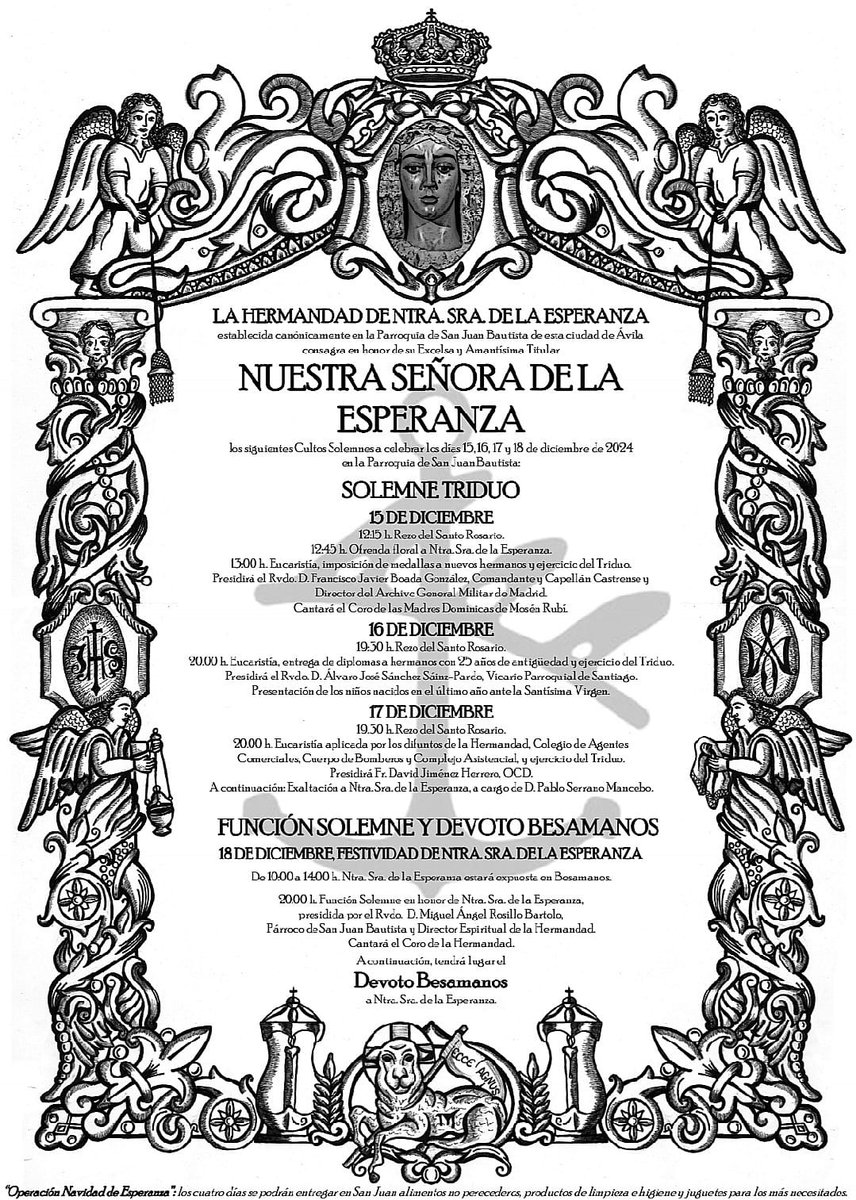 EsperanzAvila's tweet photo. CULTOS EN HONOR A NTRA. SRA. DE LA ESPERANZA: 
Este domingo día 15 comenzarán los Cultos en Honor a Ntra. Sra. de la Esperanza que se desarrollarán hasta el miércoles, 18 de diciembre, con la Funcion Solemne y Besamanos para celebrar así el dia de la Festividad de la Esperanza. https://t.co/lFH5L0f0Gf