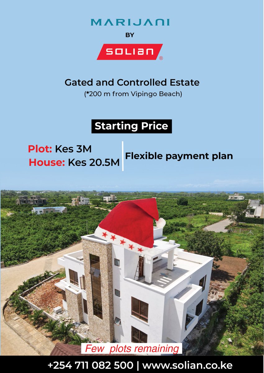 SolianKenya's tweet photo. As the year draws to a close, it's the perfect time to secure your dream plot in Marijani Vipingo Beach, a gated and controlled estate.
With its pristine beaches, lush greenery, and tranquil atmosphere, Marijani is the ideal place to build your dream home.
https://t.co/CDaaqWHHbN https://t.co/383mNXj03K