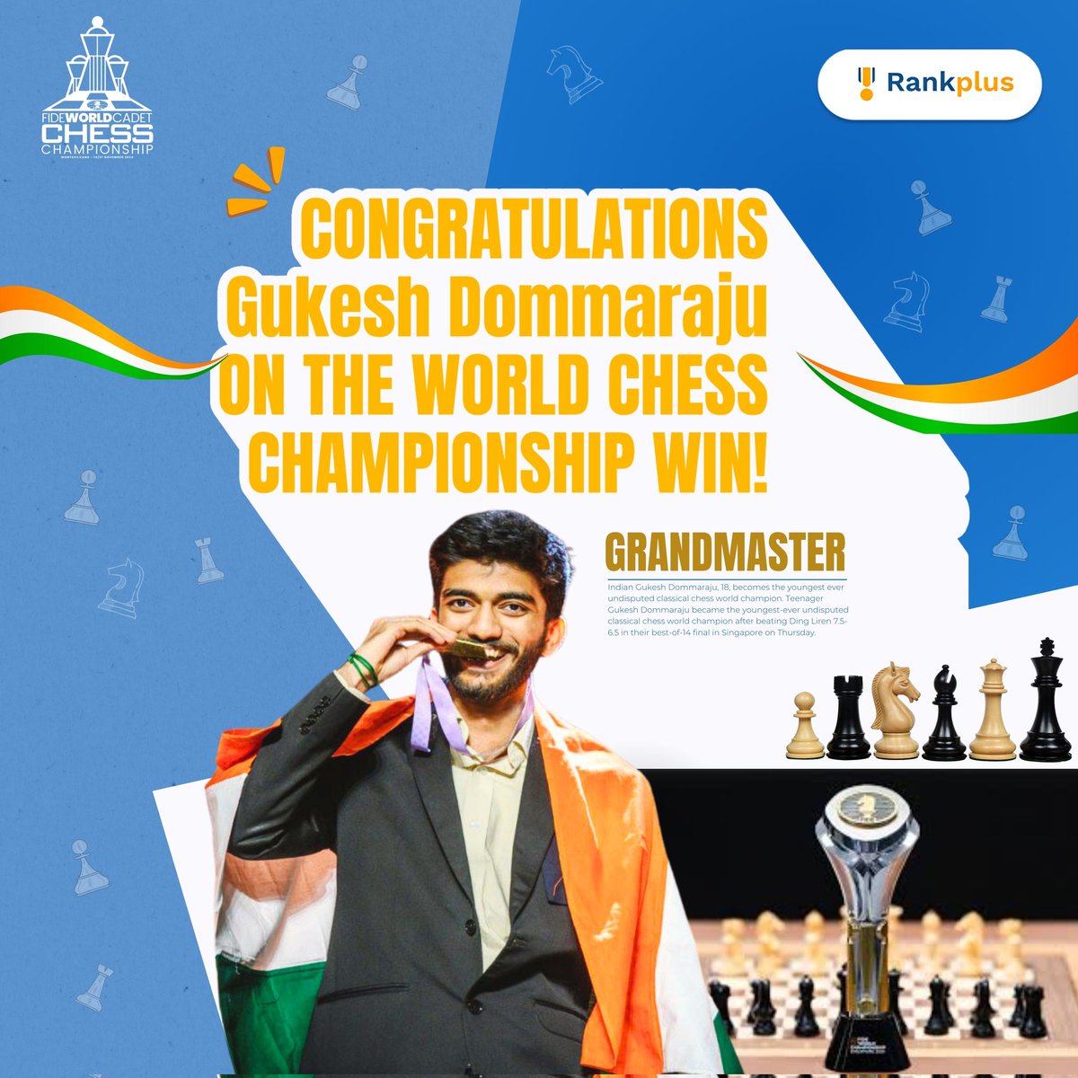 Rankplusoffl's tweet photo. History made! 🏆✨ Huge congratulations to @DGukesh for becoming the youngest chess Grandmaster in the world. 🌟 Your hard work, talent, and determination have inspired millions! ♟️🔥 Here's to many more victories ahead! 👏🙌
#GukeshDommaraju #GukeshD #GukeshDing https://t.co/j9mCPM6YDJ