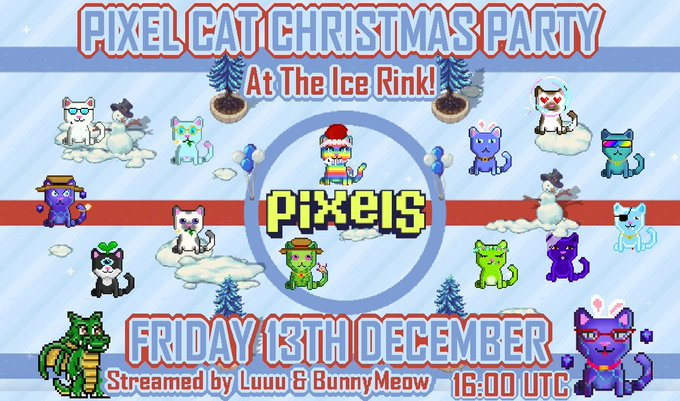 xbunnyxmeowx's tweet photo. 🎉🐾 It's almost time to pawty! 🐾🎉

🙀 In addition to the amazing prizes you'll be able to win at the Pixel Cat Christmas Party, I'm giving away 2 Pixel Cat Club Gen 2 NFTS right here!

To Enter:
😻 Like & Retweet
😸 Drop your favorite cat gif in the comments
😽 Tag a friend you want to bring to the party
🐈 Follow @pixelcatclub, @Luuu_pixels & @xbunnyxmeowx 

🏅 2 Winners will be selected after the party and receive 1 NFT each

🎄 Pixel Cat Christmas Party🎄
🗓️ December 13th, 16:00 UTC
📍 Ice Rink, Carnival, Terra Villa, @pixels_online (use the portal!)

👀 Be sure to tune into the streams on Twitch so you can play along! (You're probably going to want to make sure you have both open... just saying... 😉)

🗒️ This giveaway is in addition to Luuu's! Enter both for more chances to win!