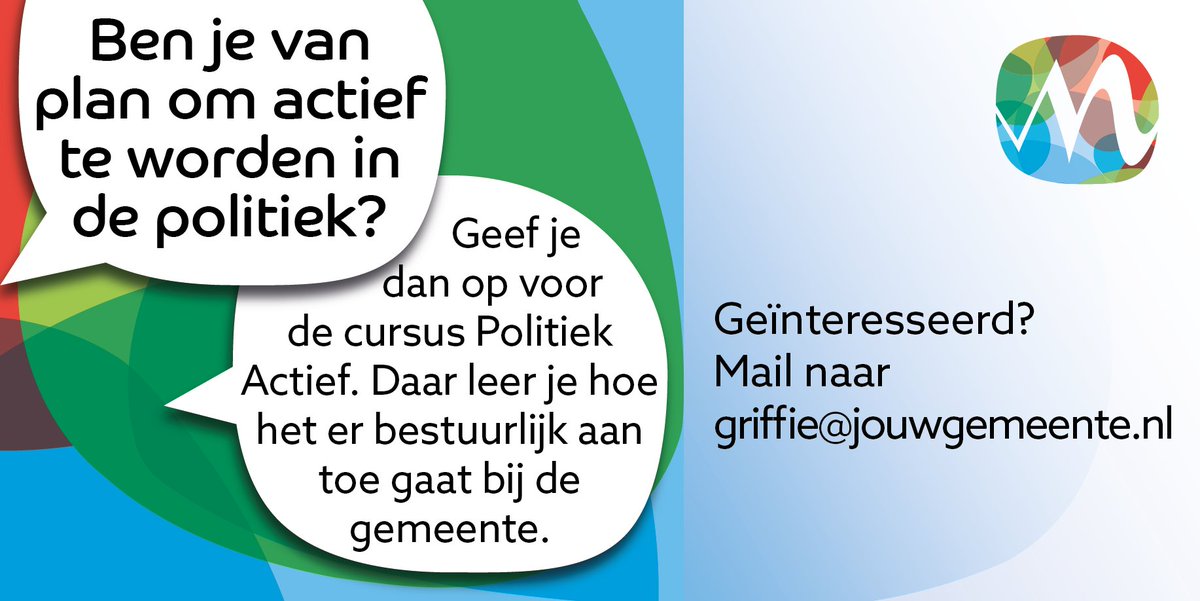Meer weten over de gemeente? Interesse om politiek actief te worden? Molenlanden start op 3 februari een gratis cursus Politiek Actief. Kijk voor meer info op molenlanden.nl/politiekactief. Aanmelden kan via griffie@jouwgemeente.nl