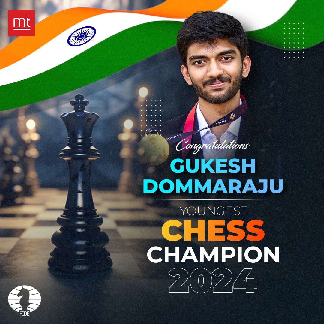 ManekTech's tweet image. Heartiest congratulations to Gukesh Dommaraju for becoming the youngest Chess Champion🏆 in the♟️World Chess Championship 2024!♟️

Here’s to a future filled with more victories and unmatched glory! 🌟🔥

#ChessChampion #GukeshDommaraju #WorldChess2024 #YoungestChessChampion