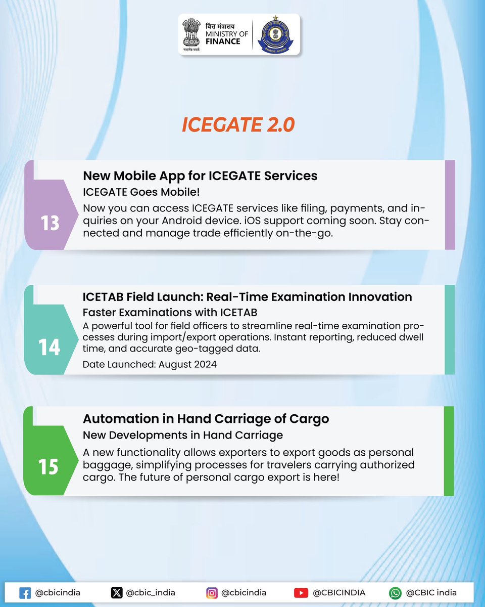 PIB_India's tweet image. The Indian Customs Electronic Data Interchange (EDI) Gateway #ICEGATE continues to efficiently and primarily facilitate trade on 👇 

👉 e-filing
👉 online amendment submission
👉 online duty payment
👉 query resolution
👉 IGST refund processing for traders

#FinMinYearReview2024