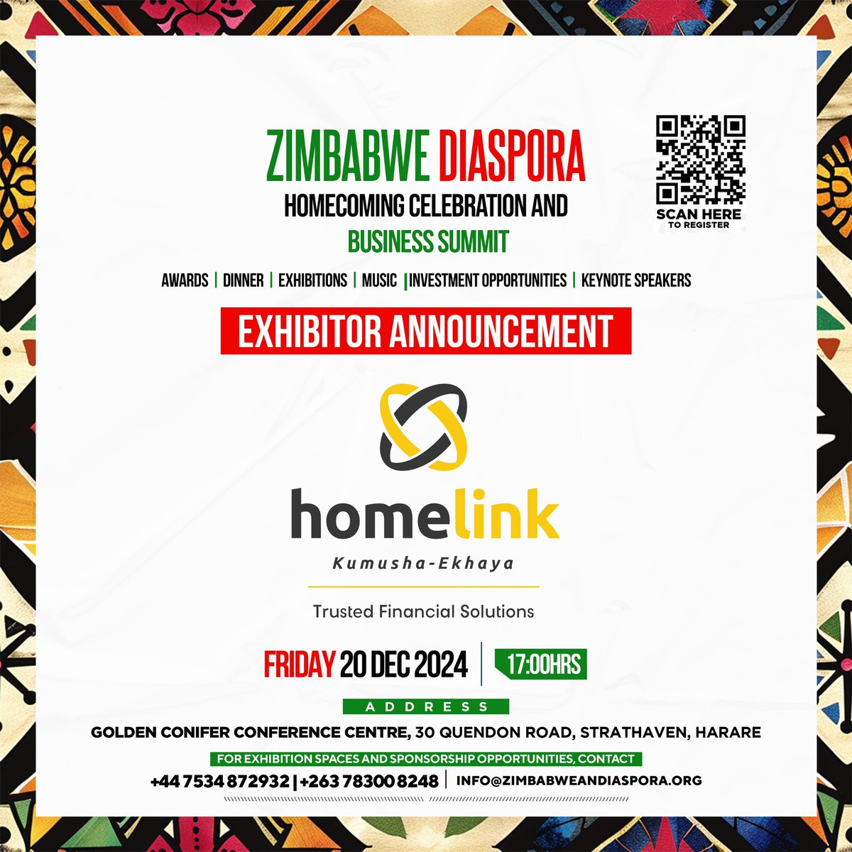 Zimbabwean Diaspora (@zimdiaspora3) on Twitter photo 🌟 Exciting News! 🌟
We’re thrilled to announce that Homelink (Pvt) Ltd, a key player in Zimbabwe's finance sector, is sponsoring the Zimbabwe Diaspora Homecoming Celebration and Business Summit
🎟Get your tickets now @ buytickets.at/zido/1432509 <a href="/ZBCNewsonline/">ZBC News Online</a> <a href="/homelink_zim/">Homelink Zimbabwe</a> 🌟 Exciting News! 🌟
We’re thrilled to announce that Homelink (Pvt) Ltd, a key player in Zimbabwe's finance sector, is sponsoring the Zimbabwe Diaspora Homecoming Celebration and Business Summit
🎟Get your tickets now @ buytickets.at/zido/1432509 <a href="/ZBCNewsonline/">ZBC News Online</a> <a href="/homelink_zim/">Homelink Zimbabwe</a>