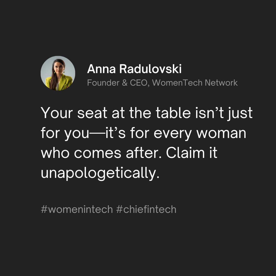annaradulovski's tweet photo. Your seat at the table isn’t just for you.
It’s for every woman who is looking up to you,
for every young girl who is wondering if she belongs.
Claim it unapologetically.
#womenintech #chiefintech @WomenTechNet https://t.co/t37554QQ7I