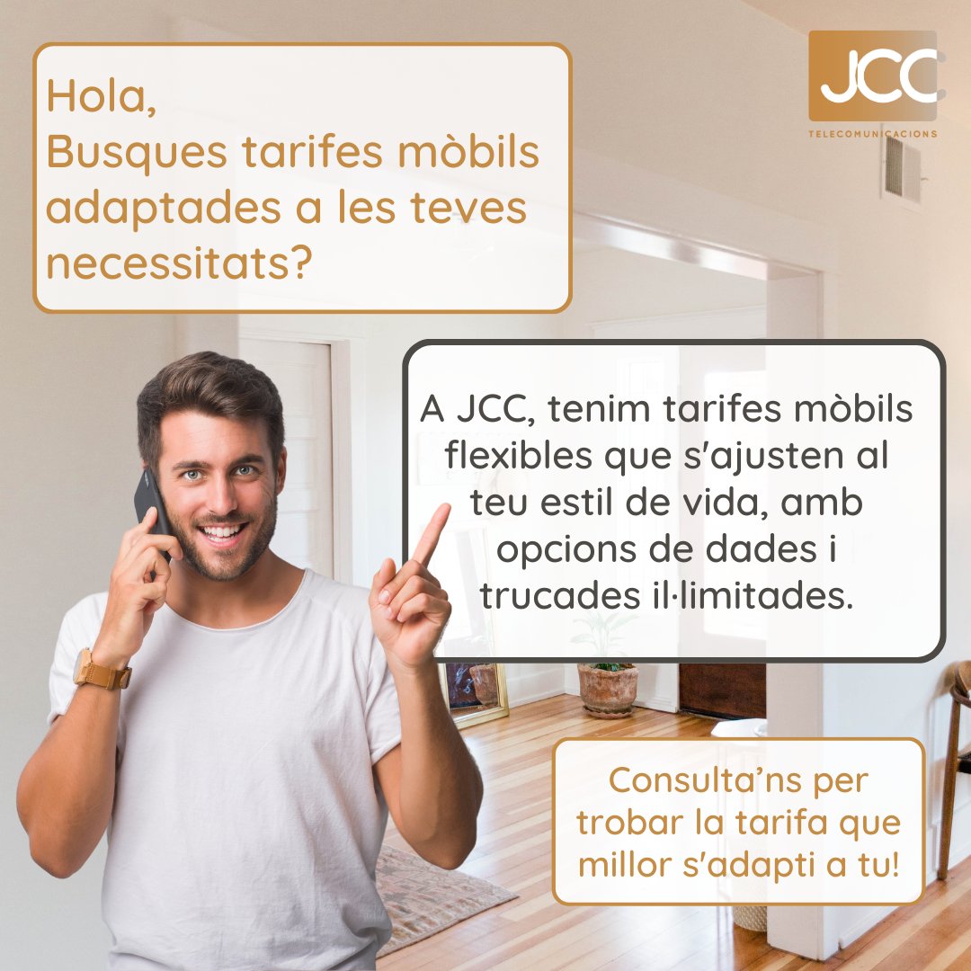 jcastellsagues's tweet photo. Busques tarifes mòbils adaptades a les teves necessitats ? A JCC tenim tarifes per a tothom, des de les més bàsiques fins amb dades i trucades il·limitades! Troba la millor per a tu! 📱 
#TarifesMòbils #Flexibilitat #JCCtelecomunicacions https://t.co/HlElo4R2kQ