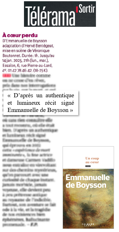 ❤️ La pièce de théâtre adaptée du roman d'Emmanuelle de Boysson, "Un coup au cœur", est sous les projecteurs de <a href="/Telerama/">Télérama</a>.

Un roman à offrir ici : brnw.ch/21wPnQF