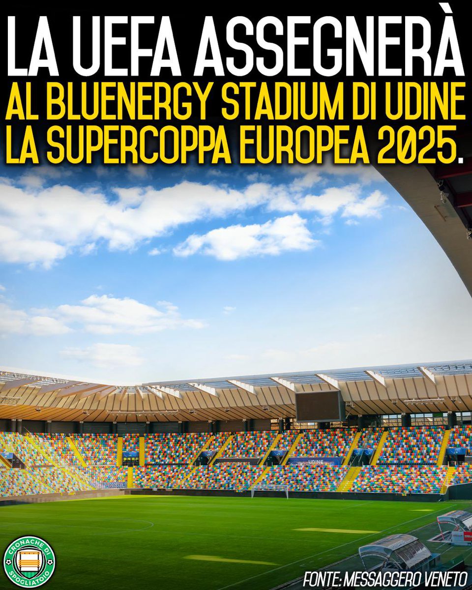 9 giorni fa il sopralluogo della UEFA a Udine, lunedì dovrebbe arrivare l’ufficialità: il Bluenergy Stadium ospiterà la finale della Supercoppa europea del 13 agosto 2025 🏟️