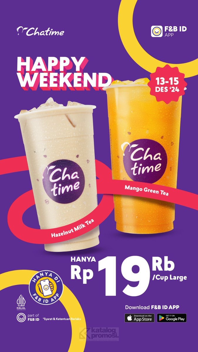 katalogpromosi's tweet image. Weekend ini makin manis dengan Promo Chatime Happy Weekend! 😎 Cuma Rp 19.000 buat Mango Green Tea &amp;amp; Hazelnut Milk Tea ukuran Large! Cek F&amp;amp;B App dan ambil kesempatan ini, sebelum promo berakhir! ✨ 

Klik link di bawah untuk info lengkap 👇
katalogpromosi.com/promo-chatime-…

#ChatimePromo