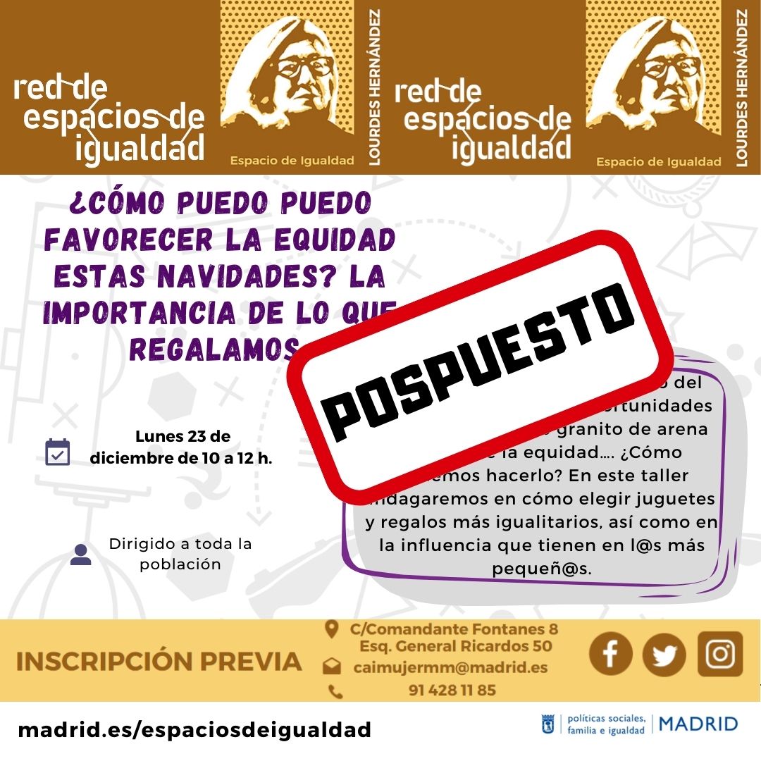 🔴ÚLTIMA HORA🔴
Lamentamos informar que el taller previsto para el lunes de la semana que viene tendrá que ser pospuesto.
Iremos informando sobre las nuevas fechas.
Sentimos las molestias.
.
#EspaciosDeIgualdad #RedDeEspaciosDeIgualdad #MadridIgualdad #LourdesHernandez #Mujeres