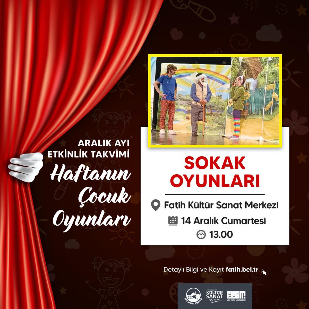 FatihBelediye's tweet photo. Hafta sonunun neşesi #FKSM'de yaşanıyor. 🤗

Birbirinden güzel tiyatrolarımız ile karşınızdayız. 🎭

Cumartesi günü 👉 Sokak Oyunları
Pazar günü 👉 Einstein Dahilerin Dahisi Çılgın Fikirlerin Babası

Saat 13.00'teki oyunlarımıza tüm çocuklarımız ve aileleri davetlidir.🖐️ https://t.co/nZ08WfQv4V