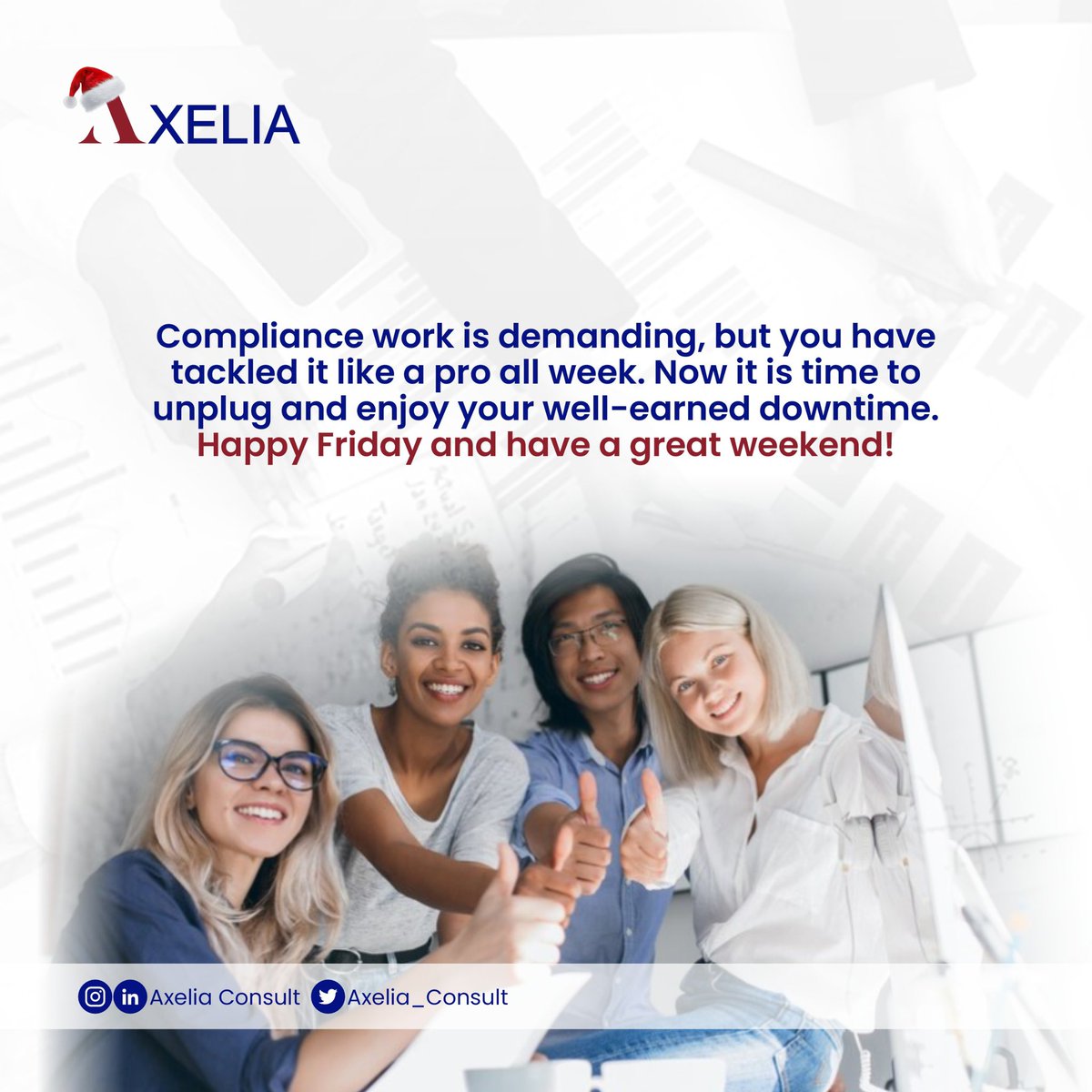 Axelia_Consult's tweet photo. Compliance work is demanding, but you have tackled it like a pro all week. Now it is time to unplug and enjoy your well-earned downtime. 

Happy Friday and have a great weekend!

#AxeliaConsult #TGIF #Compliance https://t.co/oFomWGKqRZ