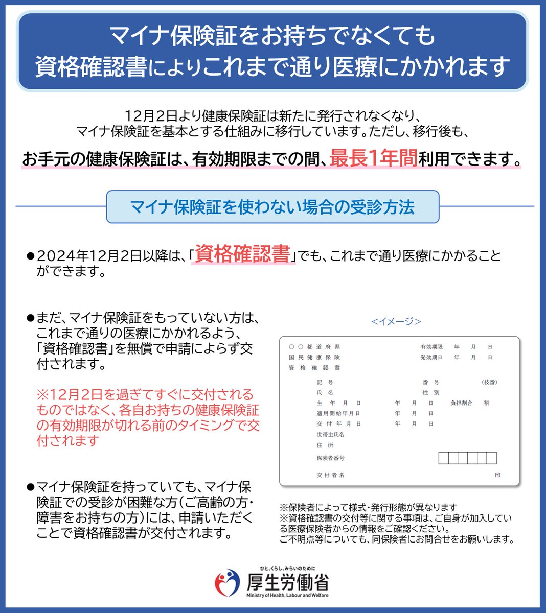資格確認書」でも、これまで通り医療を受けられます】 マイナ保険証の