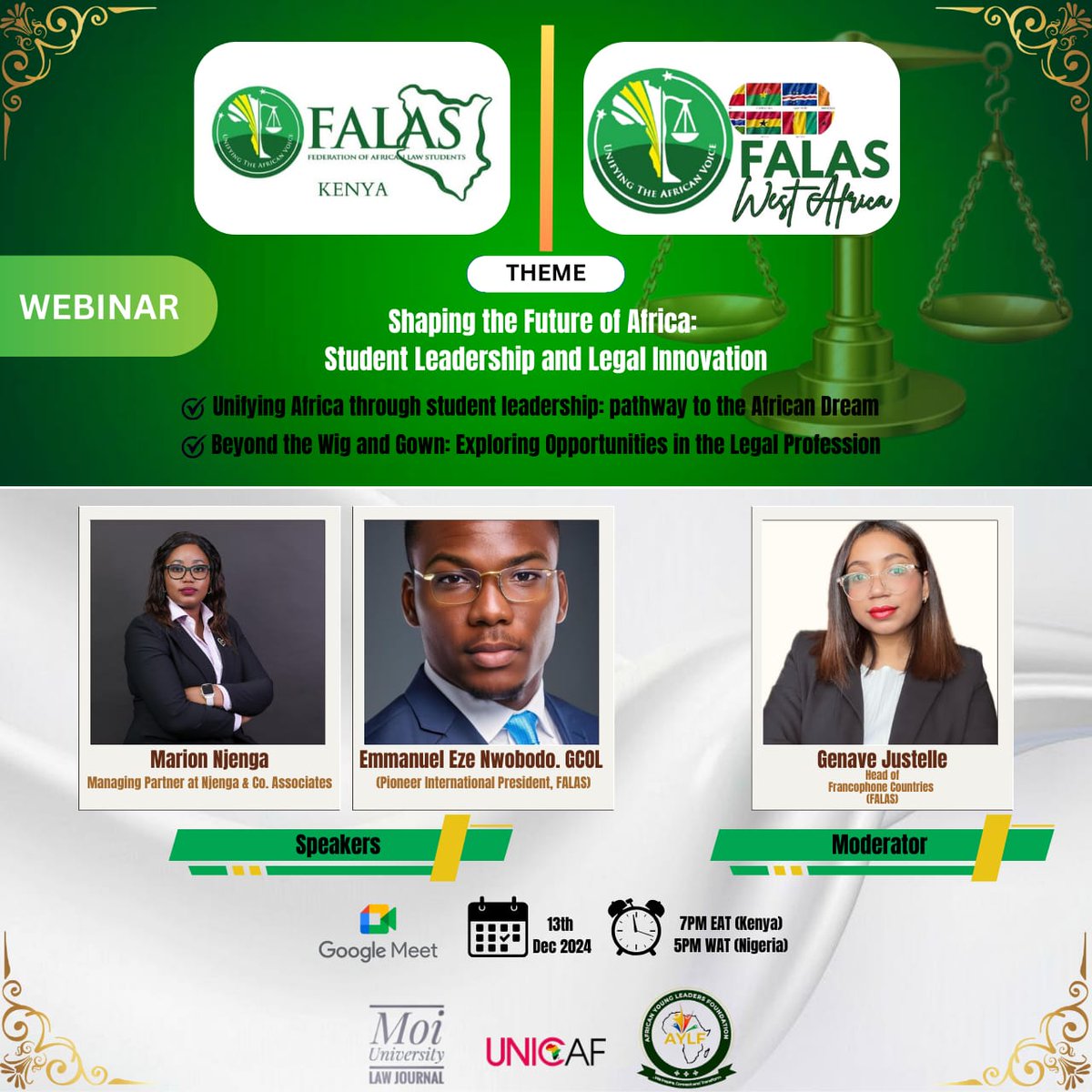 FALASKenya's tweet photo. The FALAS Kenya Inaugural Webinar will take place today! 

Clear your schedules from 7PM for this first of many. 👏🏾

In partnership with our West African friends and sponsored by the @AYLF_Foundation &amp; @MoiLawJournal, the webinar will centre around two critical sub themes. https://t.co/uMGfV0t0vz