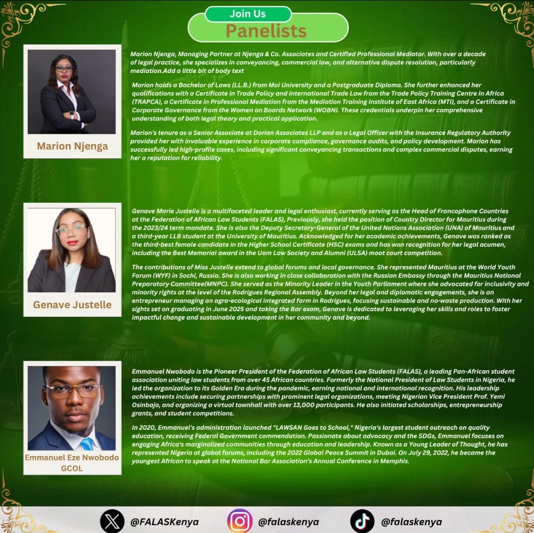 FALASKenya's tweet photo. The FALAS Kenya Inaugural Webinar will take place today! 

Clear your schedules from 7PM for this first of many. 👏🏾

In partnership with our West African friends and sponsored by the @AYLF_Foundation &amp; @MoiLawJournal, the webinar will centre around two critical sub themes. https://t.co/uMGfV0t0vz