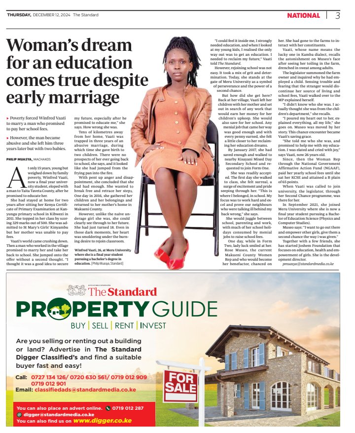 Hon. Rose Museo, EBS, MP (@honrosemuseo) on Twitter photo Beyond my duties as Makueni MP, I mentor, advocate against GBV, and champion equal rights for girls and boys. Through my Second Chance Initiative, I’ve supported hundreds like Winfred, about to graduate with her Bachelor’s <a href="/StandardKenya/">The Standard Digital</a>
🔗 Read more about Vaati’s story Beyond my duties as Makueni MP, I mentor, advocate against GBV, and champion equal rights for girls and boys. Through my Second Chance Initiative, I’ve supported hundreds like Winfred, about to graduate with her Bachelor’s <a href="/StandardKenya/">The Standard Digital</a>
🔗 Read more about Vaati’s story