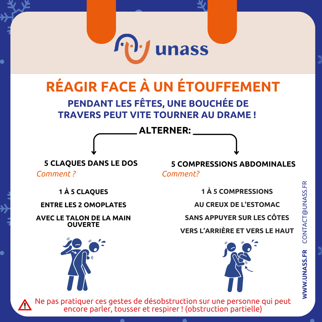 UNASS_fr's tweet image. Les fêtes riment avec bons repas, mais aussi avec des risques d’étouffement !

Ne laissez pas un incident gâcher vos moments en famille. Apprenez les bons réflexes pour protéger vos proches en toute circonstance.
#UNASS #calendrier #secourisme #premiersecours #GestesQuiSauvent