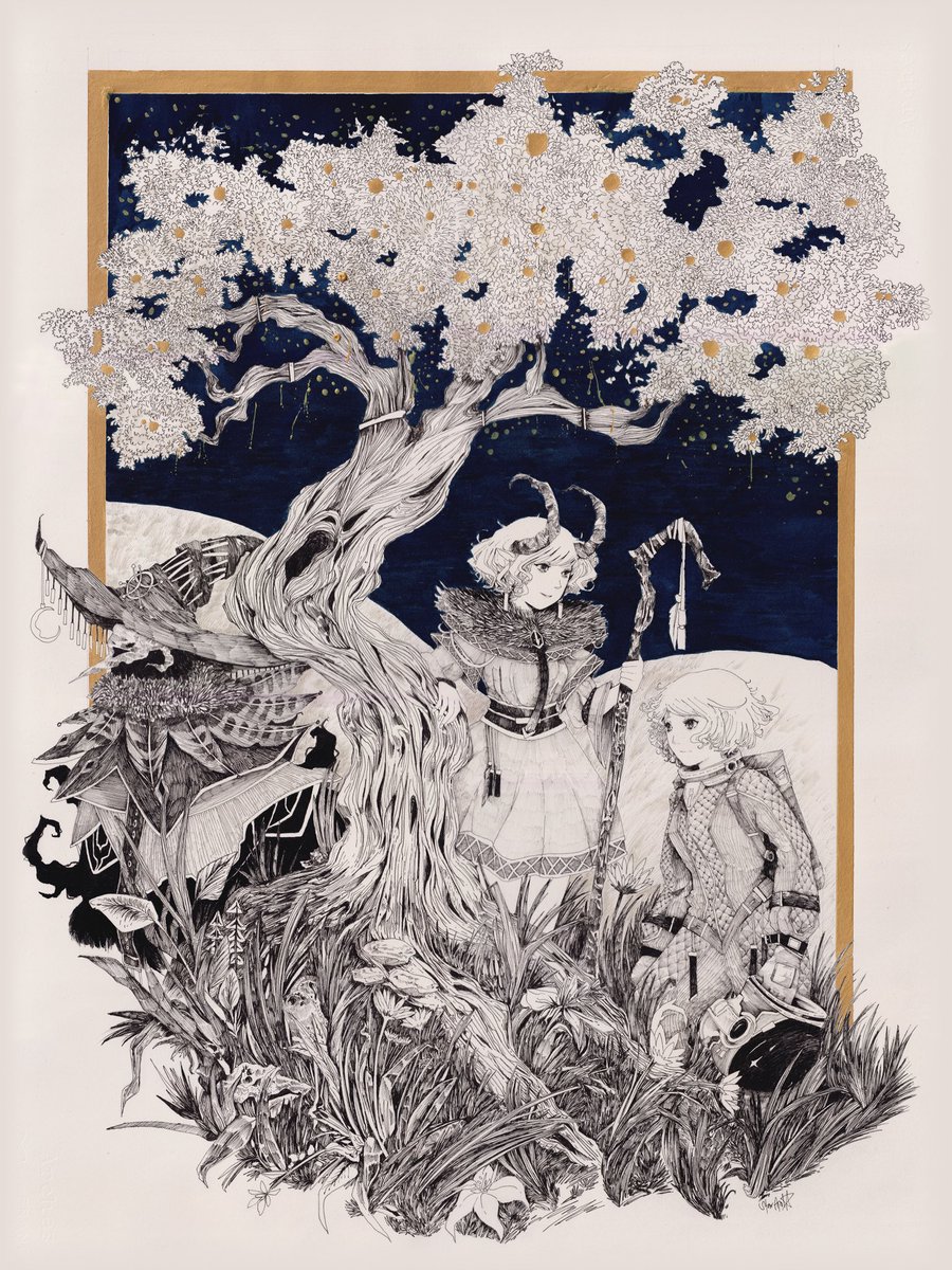naughtymathilde's tweet photo. Pilgrims on a Strange Land
22”x30”
Ink and Gouache on Cotton Paper.

“I look forward on the end of my solitude where the light shines upon me. For am not alone anymore and this pilgrimage will guide me through the stars”

#ink #illustration #artph #storybook https://t.co/A4inb9NYUJ