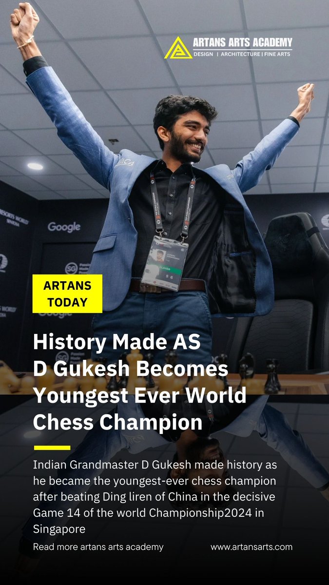 artanskota's tweet image. Indian teenager Gukesh Dommaraju has become the youngest-ever world chess champion after beating defending champion China&apos;s Ding Liren in a dramatic turn on Thursday. 

#WorldChessChampionship #chess2024 #GukeshDing #mindsport #champion #chessbattle #chessgame #artansartsacademy
