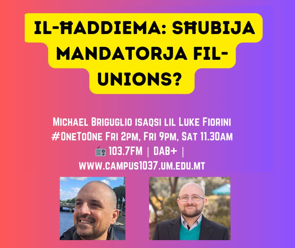 #Today #OneToOne #Discussion #Malta

um.edu.mt/services/campu…

📻103.7FM | DAB+ | Campus 103.7 - L-Università ta' Malta <a href="/UMmalta/">University of Malta</a>