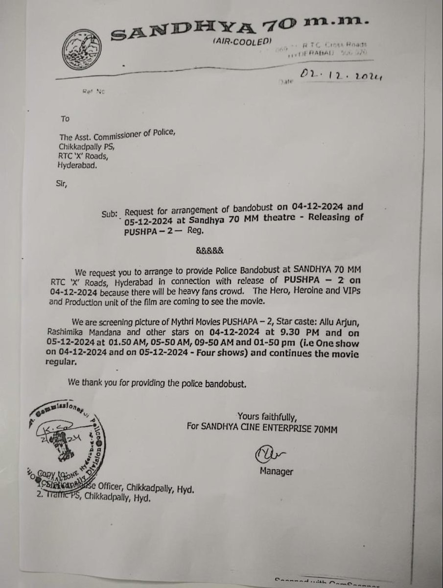 Telugu360's tweet photo. Sandhya theater management's letter to Telangana government seeking police protection on the occasion of #Pushpa2 release https://t.co/7dIcNUWE1Q