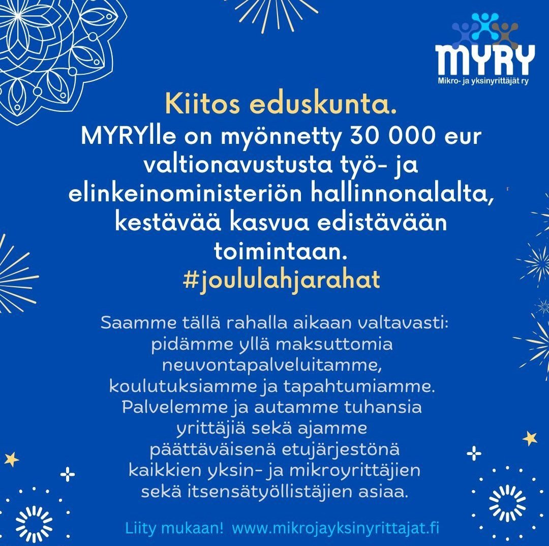 MyryYrittajat's tweet photo. Tärkeä työmme on laitettu merkille. Kiitos.
#joululahjarahat #eduskunta #myry https://t.co/42otzn4vCr