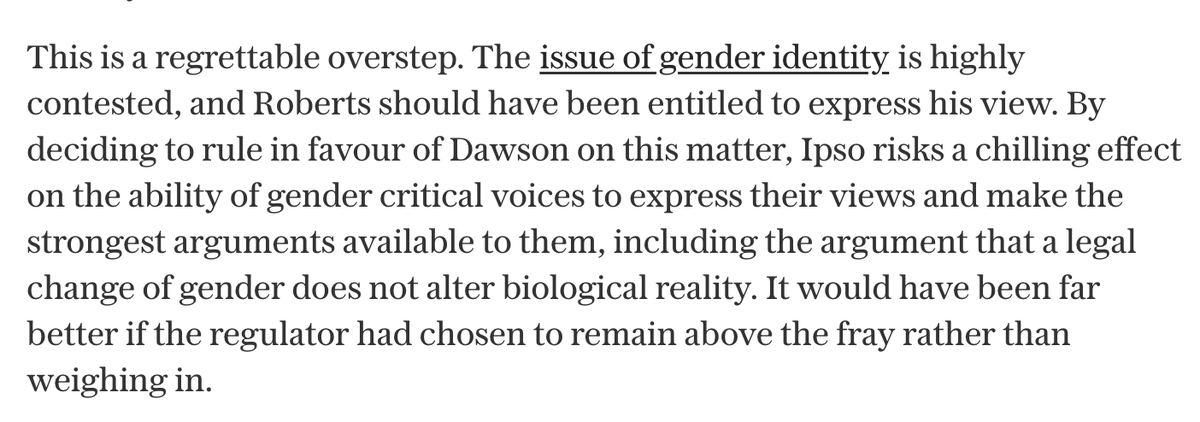 FraserNelson's tweet photo. The Telegraph leading article condems IPSO's decision to censure The Spectator for the phrase "man who claims to be a woman."

Protecting free speech is the first duty of a newspaper or magazine - and one no regulator can diminish. IPSO should accept its error & rescind its ruling.

https://t.co/DkIlufjZnr