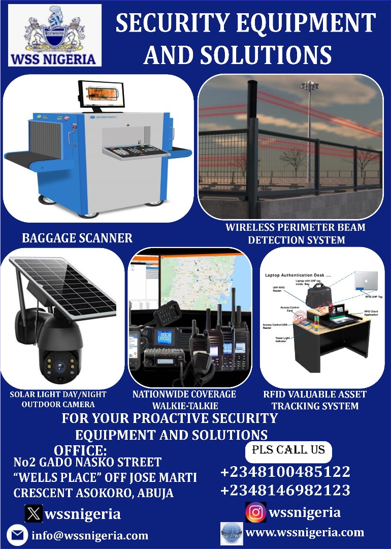 WSSNigeria's tweet image. 🔒 Secure with WSSN Limited!
High-tech solutions: Baggage Scanners, Solar Cameras, Walkie-Talkies &amp;amp; more.

📍 Asokoro, Abuja
📞 08100485122 / 08146982123
🌐 wssnigeria.com

#WSSNSecurity #StaySafeNigeria #SecuredFuture