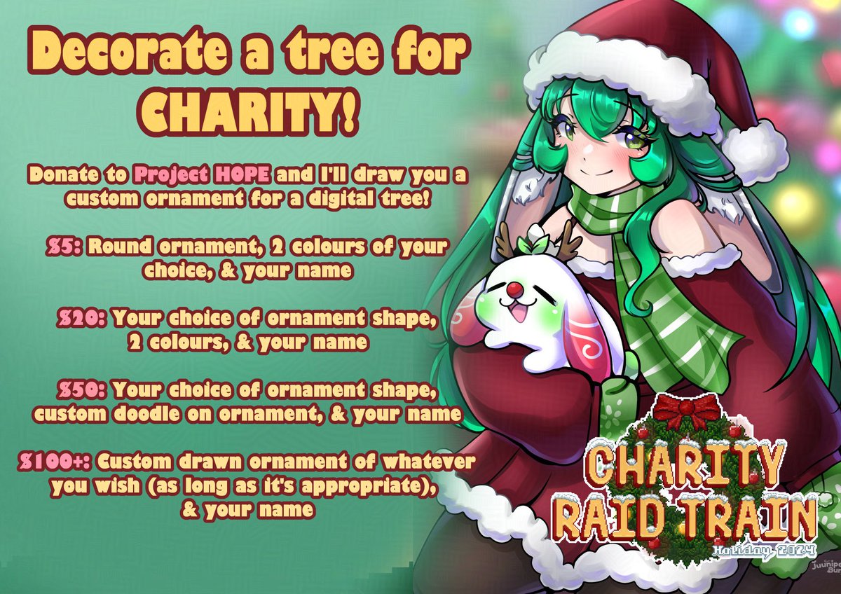 juunikko's tweet photo. 💚TONIGHT!!!💚🎄
At 10pm - 2am AWST you can stop by, donate to Project HOPE and have a custom ornament drawn onto the tree!!! Plus we have some great goals to unlock so I hope to see you there!
#juuniLIVE #CharityRaidTrain https://t.co/79CnmJ4wVx