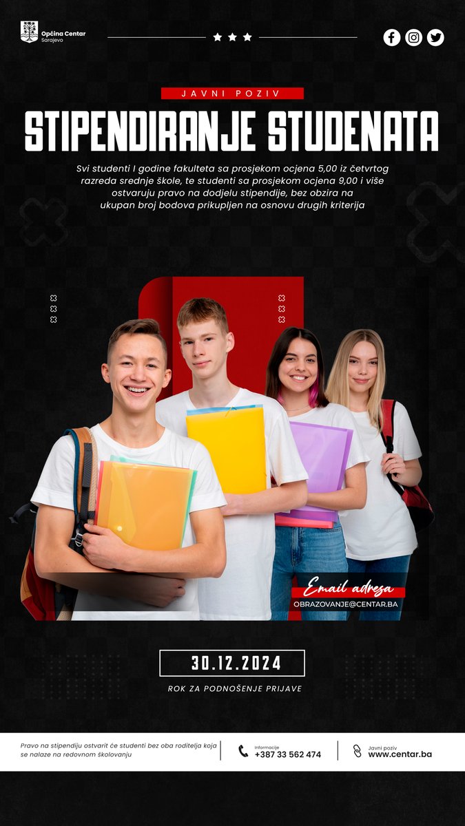 🎓📢 Objavljen konkurs za stipendiranje studenata u akademskoj 2024./2025. godini! Stipendije u iznosu od 150, 200 i 250 KM tokom 10 mjeseci. Prijave do 30. decembra 2024. Detalji i prijavni obrazac: cutt.ly/veVIpPyd #stipendije #studenti #OpćinaCentarSarajevo