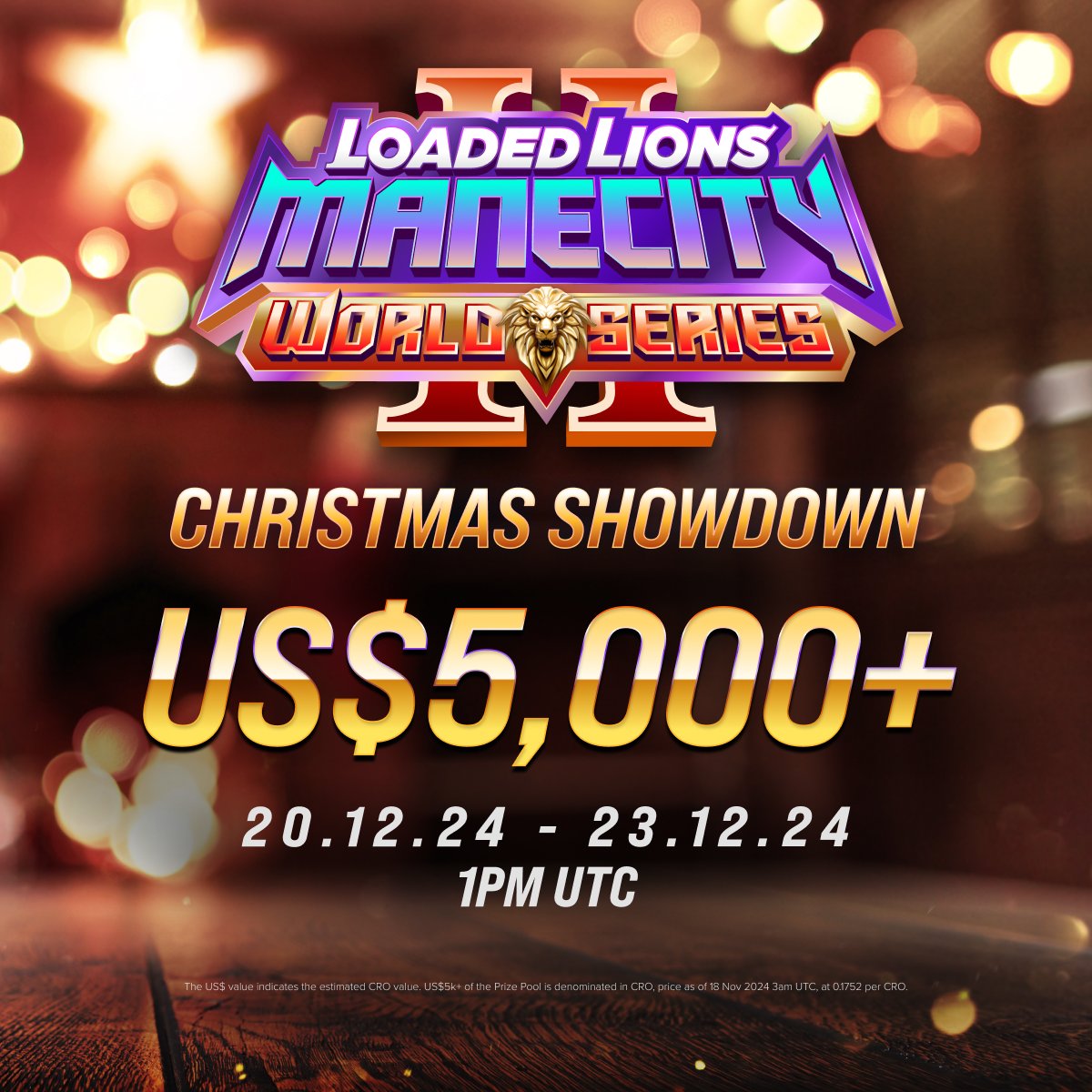 cryptocom's tweet photo. 🎅 Gearing up for the holiday season? Get ready to kick off your Christmas in style with the…Mane City Christmas Showdown next week 🎄

💰 Total prize pool: US$5,000+ of $CRO
📅 20 - 23 Dec, 13:00 UTC

Play for free now 👉 https://t.co/I0ab60P8RV (desktop only)

Remember, 100% of the total Diamond spend will be added to future prize pools 💎

#LoadedLions #ManeCityWorldSeries #Web3Gaming #DarkLions #JointheVoid #JointheLegion #WeekendShowdown