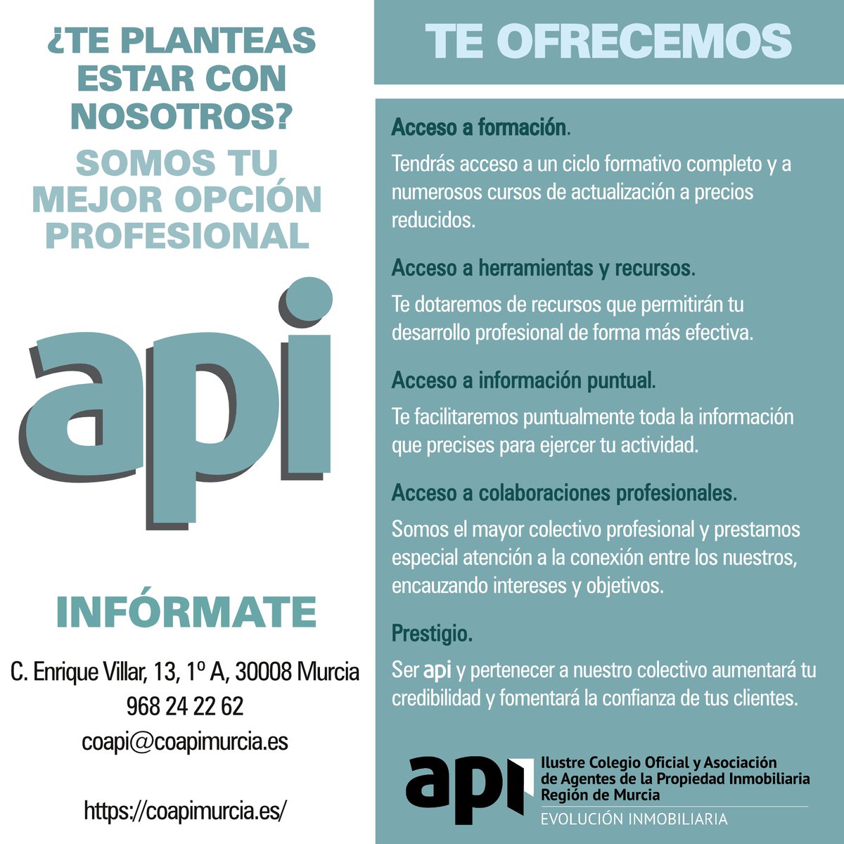 COAPIMURCIA's tweet photo. ¿ Te gustaría #colegiarte o asociarte con nosotros ?
¿Sabes los #servicios que te ofrecemos?

Conviértete en #API y pasa al siguiente nivel 🚀

#Murcia #inmobiliaria #profesional https://t.co/MelGMNJ9AO