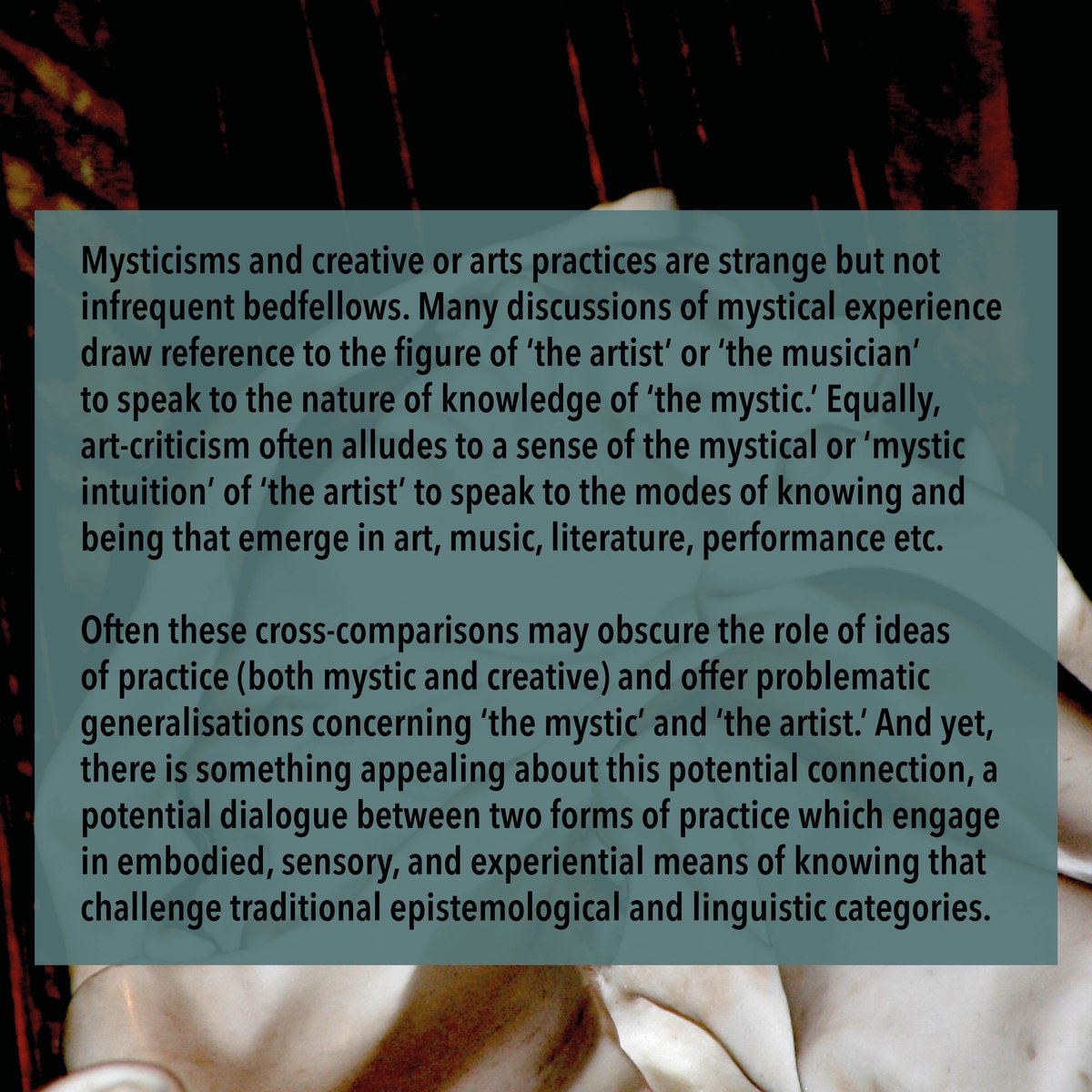harri_hudspith's tweet photo. Attention anyone mystical/artistical:

The Mysticisms and Creative Practices Community is looking for members! 

More info @ https://t.co/XkpyNFQt7A

#practicebasedresearch
#mysticism
#researchcommunity
#creativeartspractice https://t.co/wumXnJm0hi